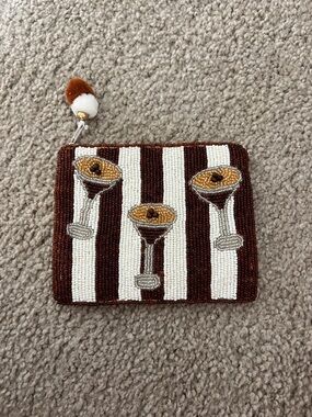Beaded Cocktail Stripe Coin Purse - Brown & White